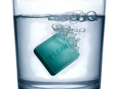 Soap bar with clean text in water isolated on white isolated on transparent background