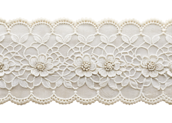 Ivory lace trim with repeating floral clusters and scalloped edges fabric textile isolated on a transparent background