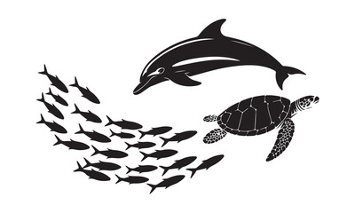 Diverse ocean wildlife silhouettes on white background