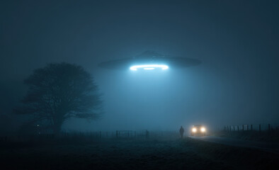 Mysterious UFO hovering above a foggy landscape, illuminating the night sky with bright lights, while a lone figure stands near a vehicle on a deserted road