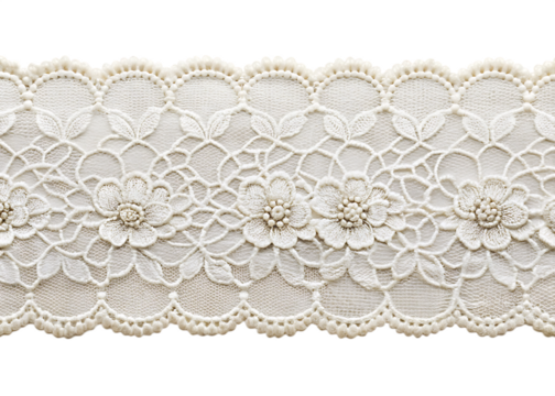 Ivory lace trim with repeating floral clusters and scalloped edges fabric textile isolated on a transparent background