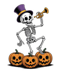 Dancing skeleton with trumpet and pumpkins
