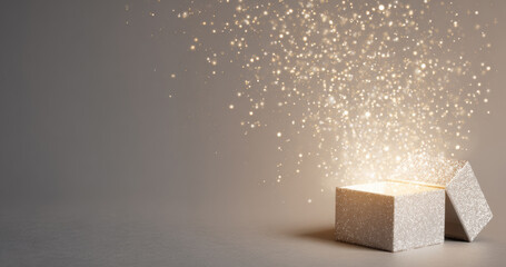 Sparkling gift box with lid slightly open, emitting a magical glow and shimmering particles, creating an enchanting atmosphere of surprise and joy for celebrations