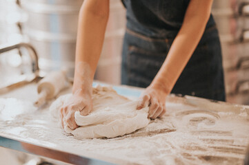 A person kneads dough on a flour-dusted surface, emphasizing the art of baking and food preparation in a cozy environment.