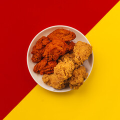 A vibrant bowl of crispy fried chicken, featuring both spicy and original flavors, set against a bold red and yellow background.