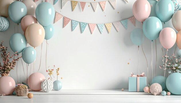 Scena festiva con palloncini pastello e foglie verdi luminose su sfondo minimal moderno