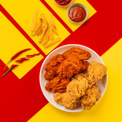 A vibrant bowl of fried chicken accompanied by fries and sauces, set against a colorful red and yellow backdrop.