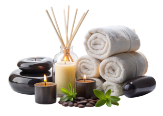 Luxury Spa Setting with Rolled Towels Candles Stones and Diffuser wellness relaxation isolated on a transparent background
