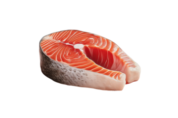 Fresh salmon steak with vivid orange texture on black background, cut out