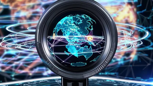 A digital globe displays continents, with the globe glowing under complex digital lines. Patterns surround the globe, creating a futuristic scene of globe innovation.