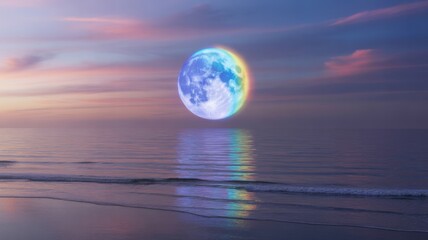 Surreal Rainbow Moon Over Calm Ocean at Dusk