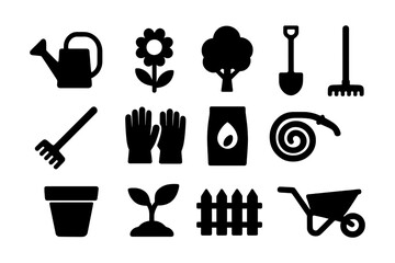 Gardening tools and plants icons set in silhouette style
