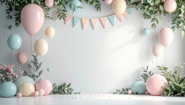Scena festiva con palloncini pastello e foglie verdi luminose su sfondo minimal moderno