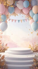 Obraz premium Sfondo festivo con palloncini pastello e cornice acquerello decorata con foglie autunnali