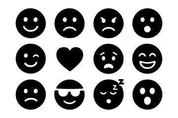 Fototapeta premium Simple black emoji set expressing various emotions in minimalist style