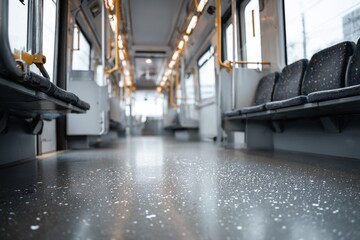 A sleek, modern train car interior features an empty space with minimalist design, showcasing neatly arranged seats and handrails, emphasizing cleanliness and simplicity in a contemporary commuter