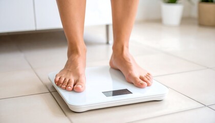 Womans feet on a digital scale in a bathroom Weight loss with health  fitness.
