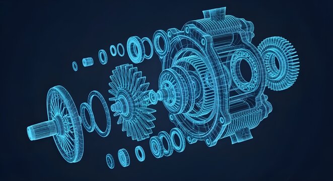 Airplane engine Exploded view of a complex mechanical gearbox with wireframe blueprint design engineering
