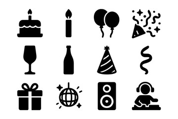 Festive celebrations collection: icons of cake, balloons, and music for party themes