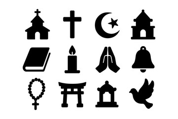 Black silhouette religious symbols collection featuring icons of worship and faith
