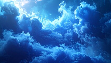 Obraz premium An abstract ethereal depiction of swirling blue clouds illuminated with radiant light, creating a dramatic and artistic atmosphere