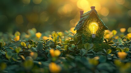 A whimsical green house that is beautifully surrounded by lush foliage and a soft, enchanting glow of light