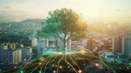 tree with digital roots spreading into a shenzhen city, where professionals use secure devices to access global economic models and green initiatives.