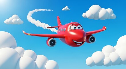 A cheerful, cartoonish red airplane, with a happy expression, soars through a vibrant blue sky dotted with fluffy white clouds.