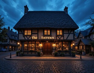 Cozy, warmly lit tavern on a cobblestone street at twilight, inviting and historic ambiance.