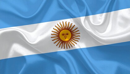 "A clear image of Argentina’s national flag waving under a bright sky, with light blue and white horizontal stripes and the golden Sun of May in the center."
