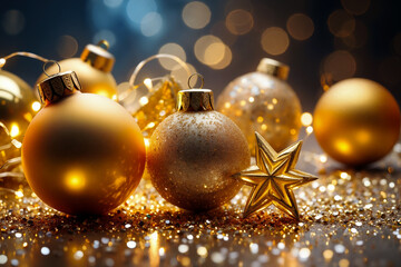 Golden Christmas ornaments and a shining star glow warmly amid sparkling lights, creating a festive, elegant holiday atmosphere. Generative AI.