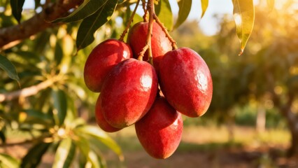 A cluster of vibrant red mangoes hangs from a branch, bathed in warm sunlight.