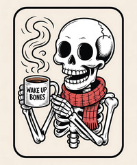 Skeleton holding a coffee mug with wake up bones text