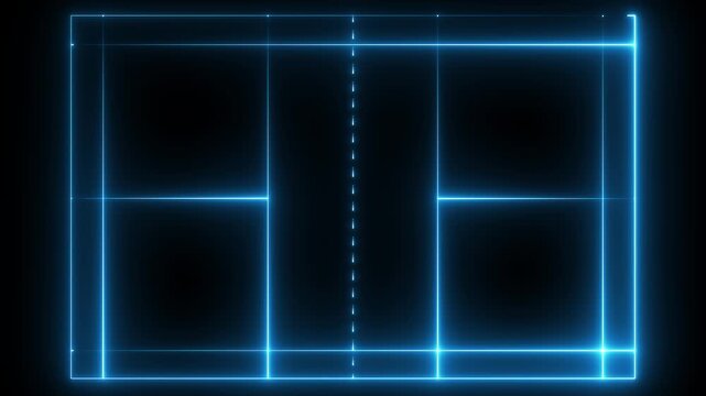 Neon lights match badminton isometric field video animation with black background. badminton court icon 4k motion graphics animation.