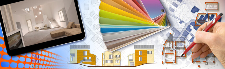 Architectural design with plans and elevations, construction site of a modern residential building...