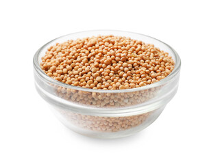 Dry mustard seeds in glass bowl isolated on white