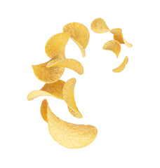 Crispy potato chips floating in the air on white background