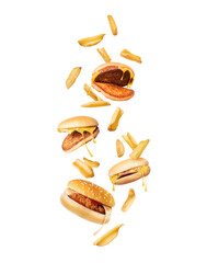 Cheeseburgers with fried potatoes in the air isolated on a white background