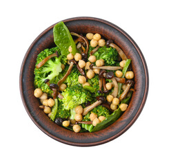 Delicious salad with shimeji mushrooms, chickpeas and broccoli in bowl isolated on white, top view