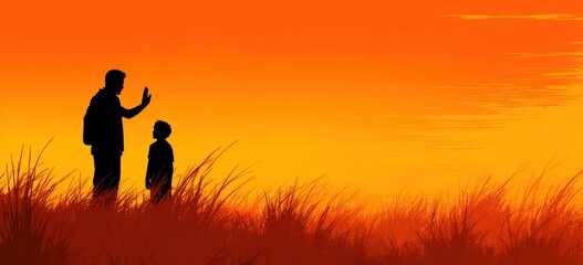 Silhouette of a father and son standing in tall grass during a vibrant sunset.