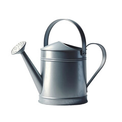 A metallic watering can is showcased against a dark background.