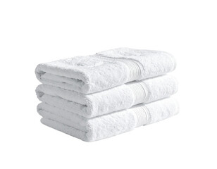 A stack of three pristine white towels, neatly folded, sits against a plain black background.