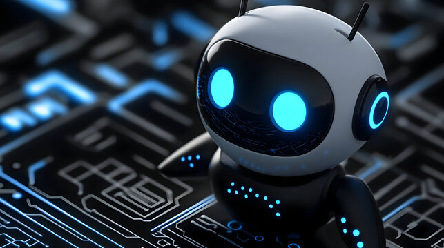 Futuristic cute chatbot robot with glowing blue features on circuit board background