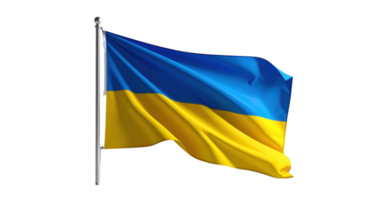A realistically rendered depiction of the Ukrainian flag billowing in the wind against a dark background.