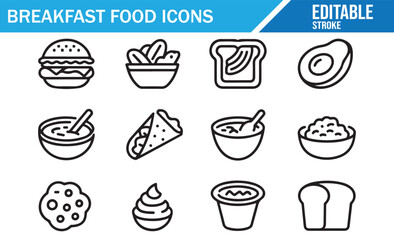 Set of Breakfast Food Icons in Minimalist Style, Editable Stroke, Morning Meals and Food Design