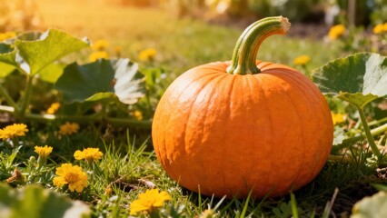 A vibrant orange pumpkin rests amidst lush greenery and cheerful yellow flowers in a sunny garden setting.