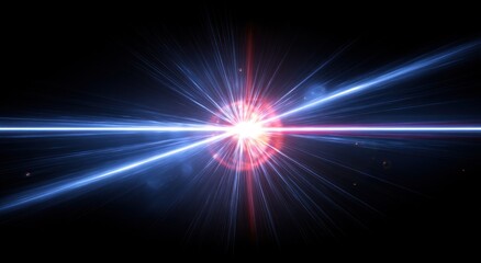 A vibrant explosion of light radiates outward, with bright beams of blue and pink light emanating across a dark background.