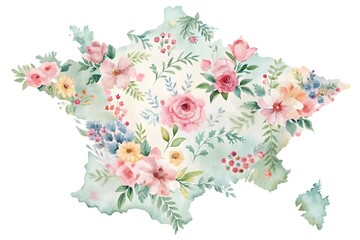 Watercolor map of france isolated on white background, adorned with delicate flowers and lush greenery