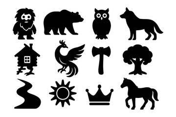 Fantasy icons set featuring mythical creatures and nature silhouettes