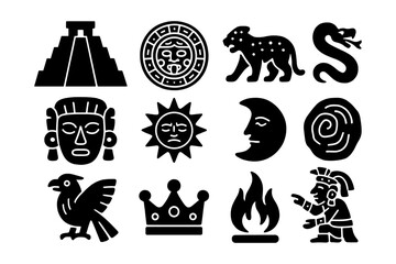 Mayan icon set: ancient symbols and glyphs in bold silhouette style